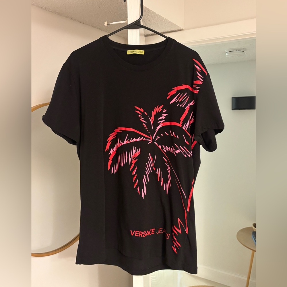 Authentic Versace Black Tee with Red Palm Tree Design